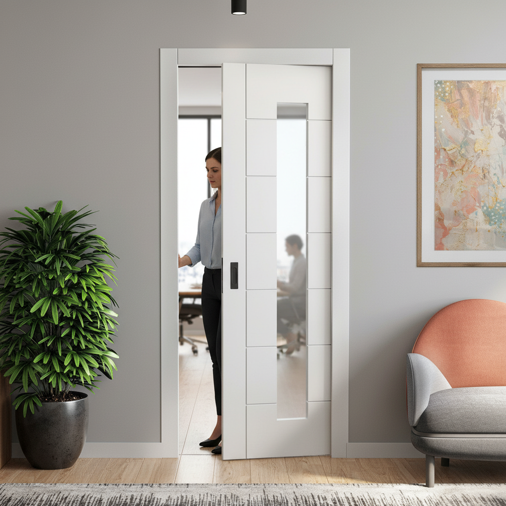 Premium White Primed 7 Panel Pocket Door Set with 4 Light Obscure Glass for Elegant Interior Design - Image 2