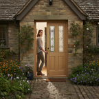 Premium Oak External Door with Double Glazed Panels and Intricate Moulding for Modern Homes