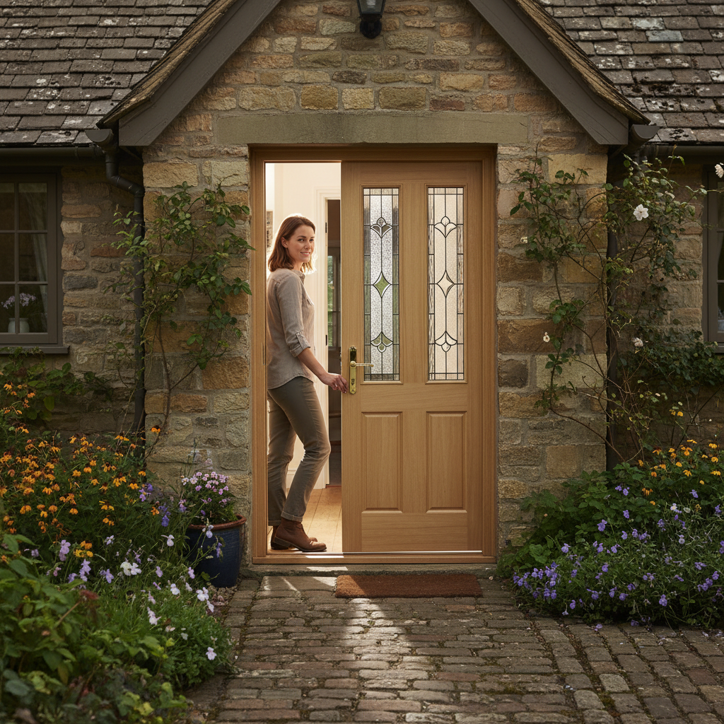 Premium Oak External Door with Double Glazed Panels and Intricate Moulding for Modern Homes