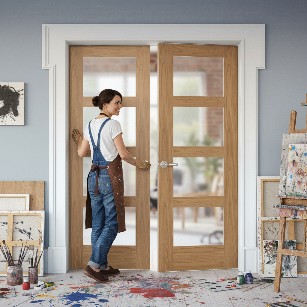 Premium Internal Oak Unfinished Shaker Pair Door with 4 Light Obscure Glass Panels for Stylish Privacy and Natural Light
