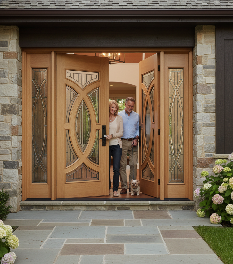 Premium Oak Grand Entrance Double Glazed Door Set with Matching Sidelights and Customizable Frame Options