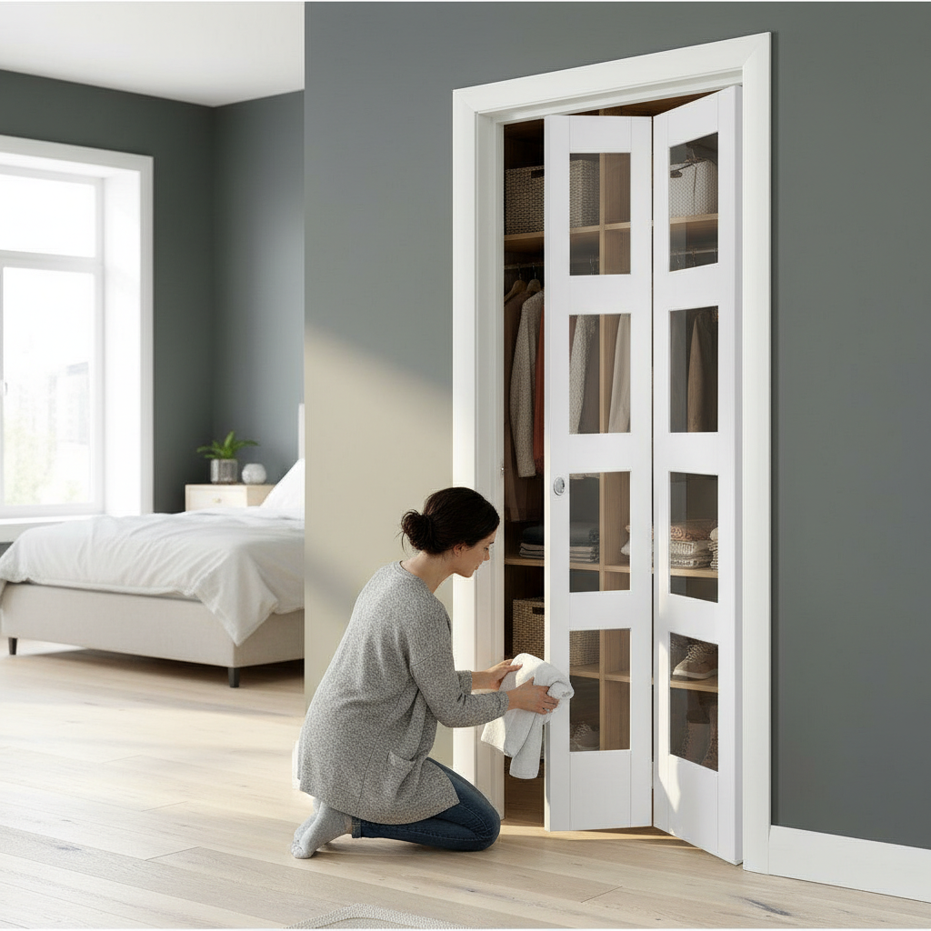 Premium White Shaker 4 Light Bifold Door with Clear Safety Glass and Fitting Track