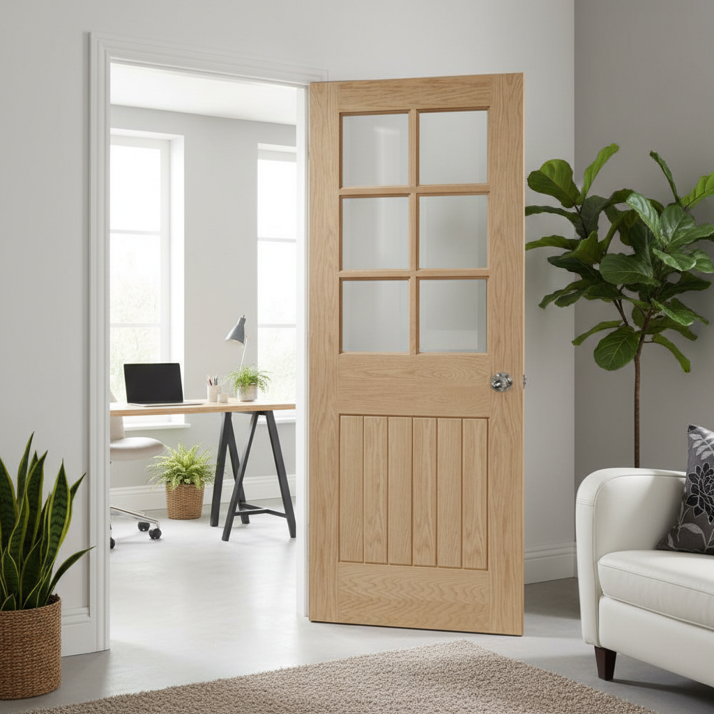 Premium Oak Suffolk Fully Finished Internal Door with Clear Glazing Panels and Engineered Construction for Strength and Stability