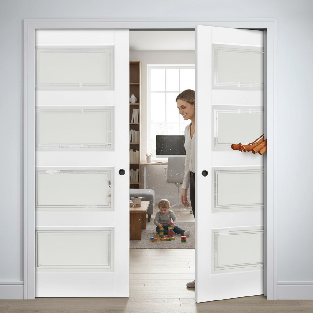 Premium Contemporary 4L Telescopic Pocket Door System with Frosted Panels and Adjustable Track for Modern Interiors