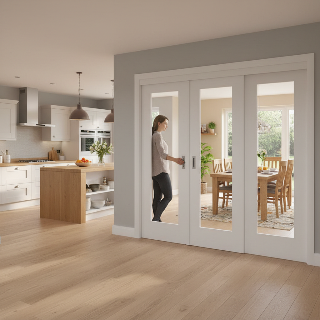 Premium Sliding French Doors with White Pattern - 10 Clear Glazed Panels for Space-Saving Design