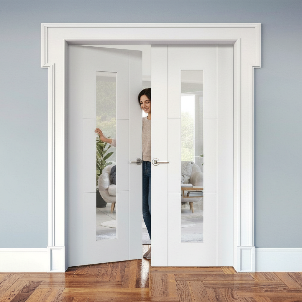 Premium Internal White Primed 3 Panel 1 Light Clear Glass Door Pair - Elegant Design for Modern Interiors