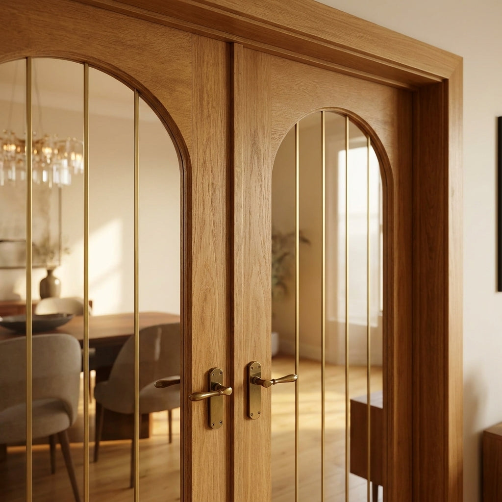 Oak Internal Fully Finished Double Door with 1 Light Obscure Lined Clear Glass - detail view