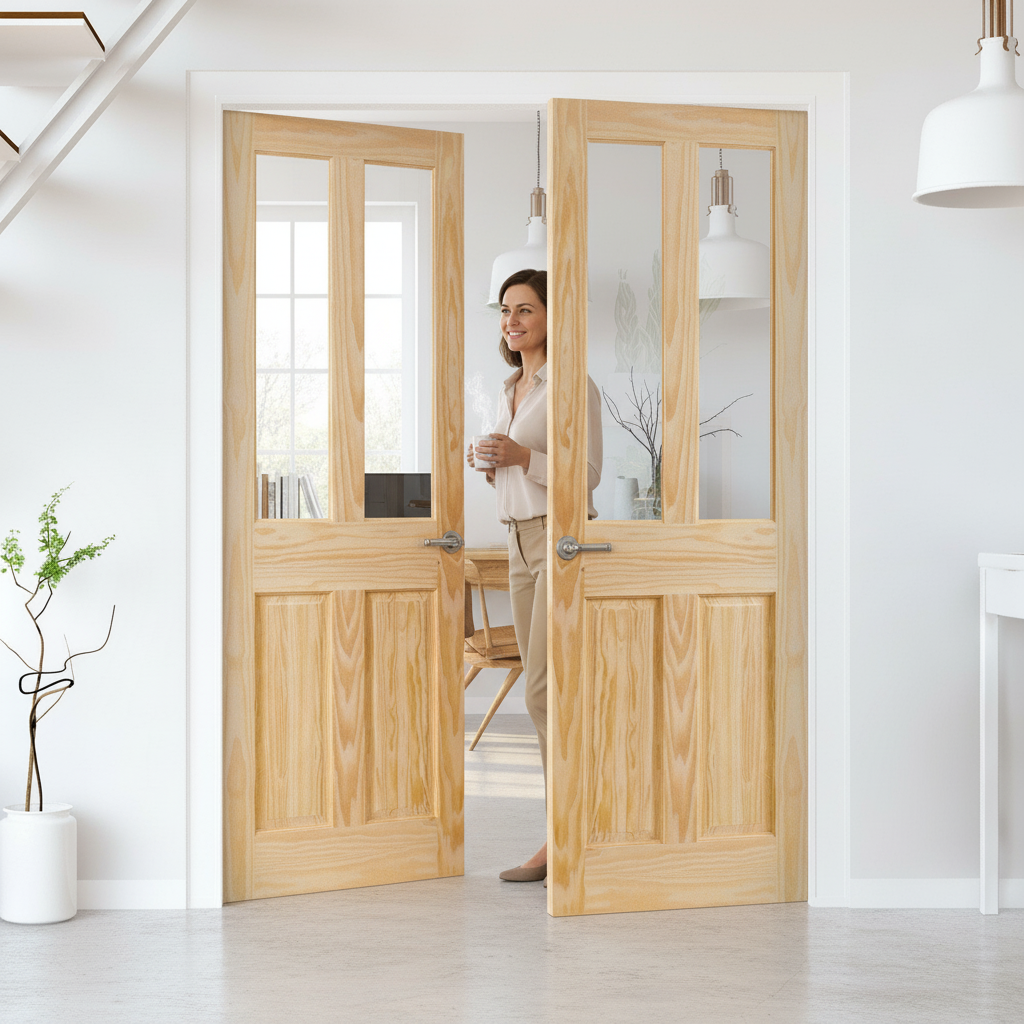 Internal Clear Pine Unfinished 2 Panel 2 Light Glass Door Pair - Customizable Design for Elegant Interiors - Image 2