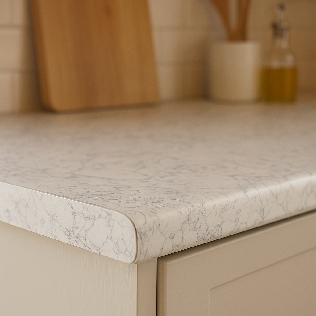 Marmo Bianco Rounded Edge Laminate Worktop 3000mm x 600mm x 28mm Matt Finish - detail view