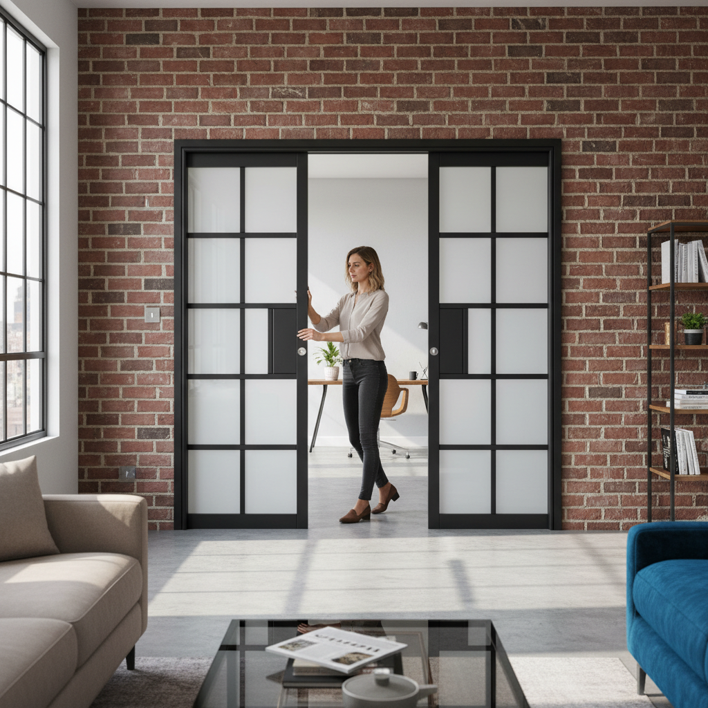 Premium Double Pocket Door System with Glazed Doors and Heavy Duty Steel Frame for Seamless Interior Design