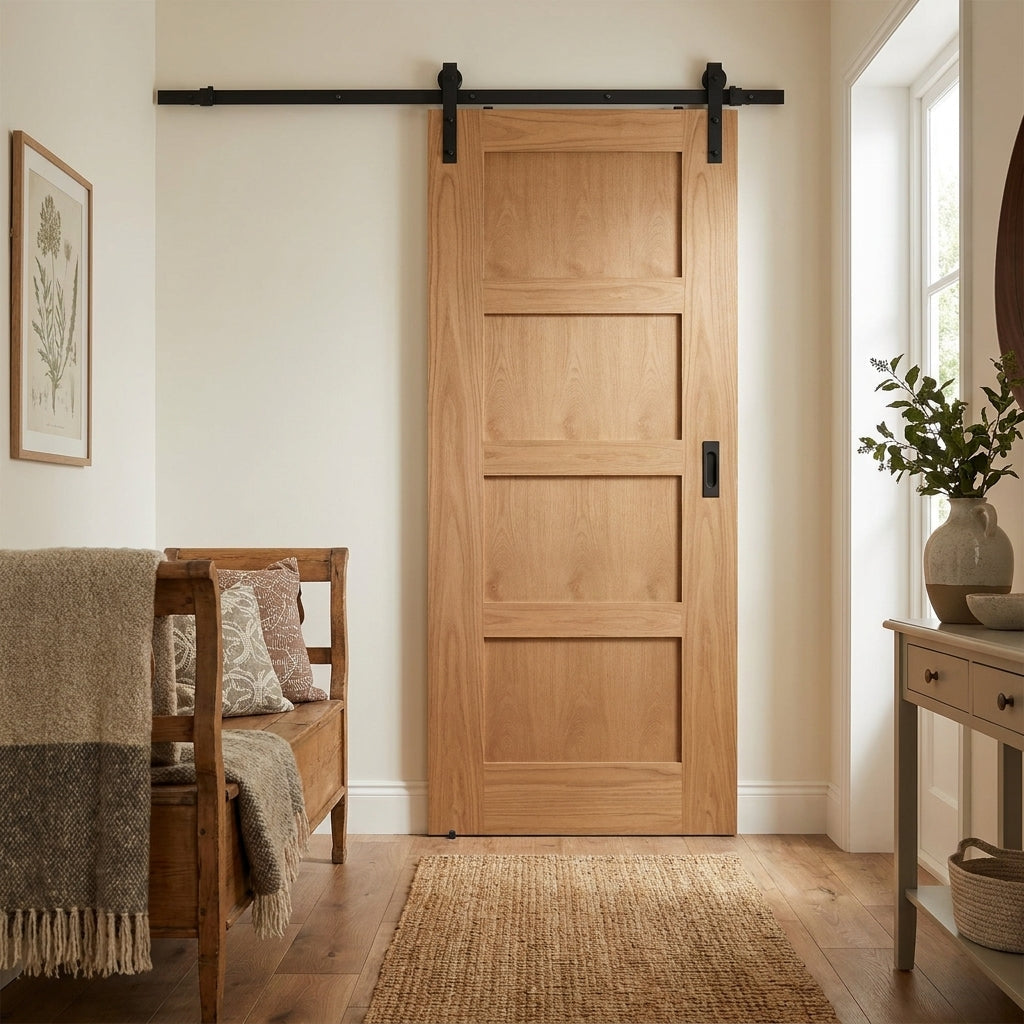 Internal Oak Sliding Door, Unfinished, Solid Core, 4 Panel Shaker Design