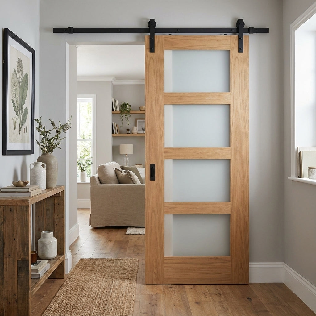 Oak Internal Sliding Door, Unfinished, 4 Light Obscure Glass, Solid Core