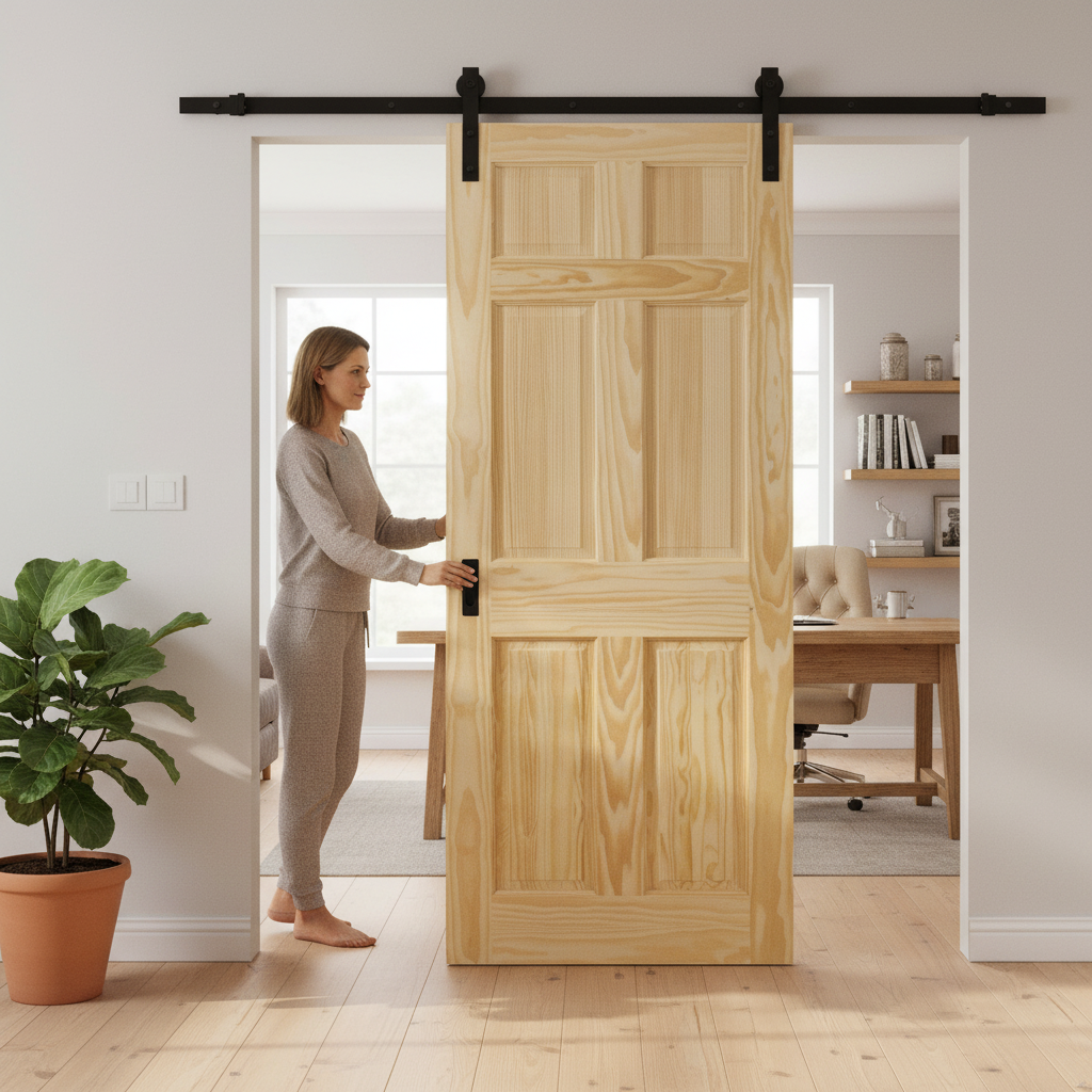 Premium Unfinished Clear Pine 6-Panel Sliding Door Set with Space-Efficient Track System - Image 2