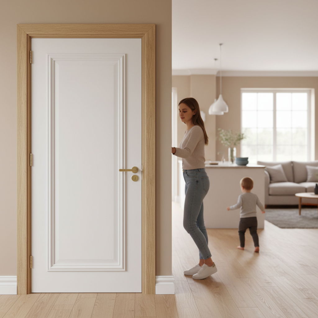 Premium White Primed Fire Door with Traditional Mouldings and Customizable Finish for Timeless Aesthetic