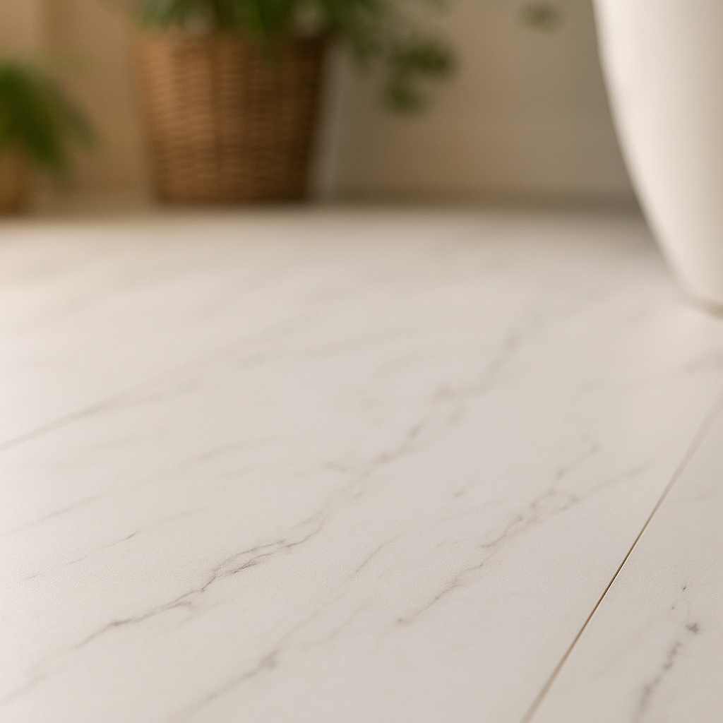 Water-resistant 8mm Laminate Flooring in Statuario Marble Finish - detail view