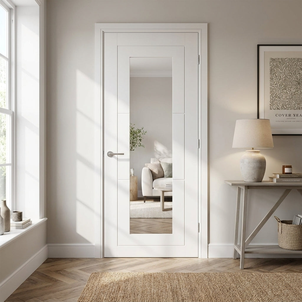 Made-to-Measure White Internal Door with Primed Finish and Clear Glass Light