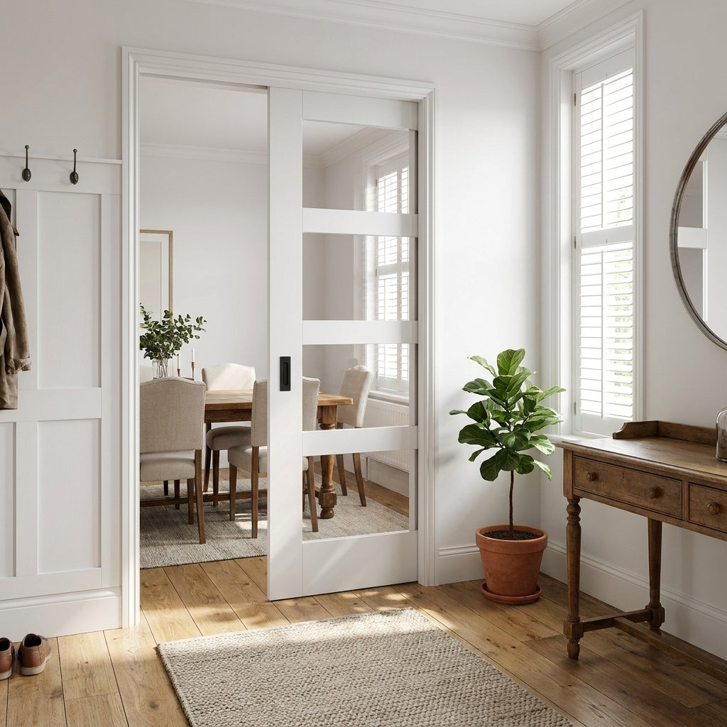 Internal Pocket Door Set, White Primed Shaker Style, 4 Light Clear Glass, 100mm
