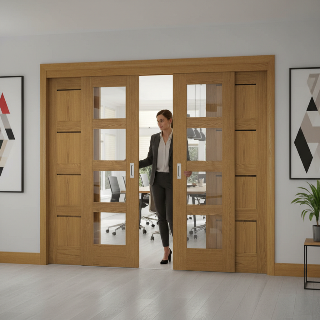 Premium Oak Sliding French Doors with Fixed End Panels - Customizable Sizes and Designs for Room Division