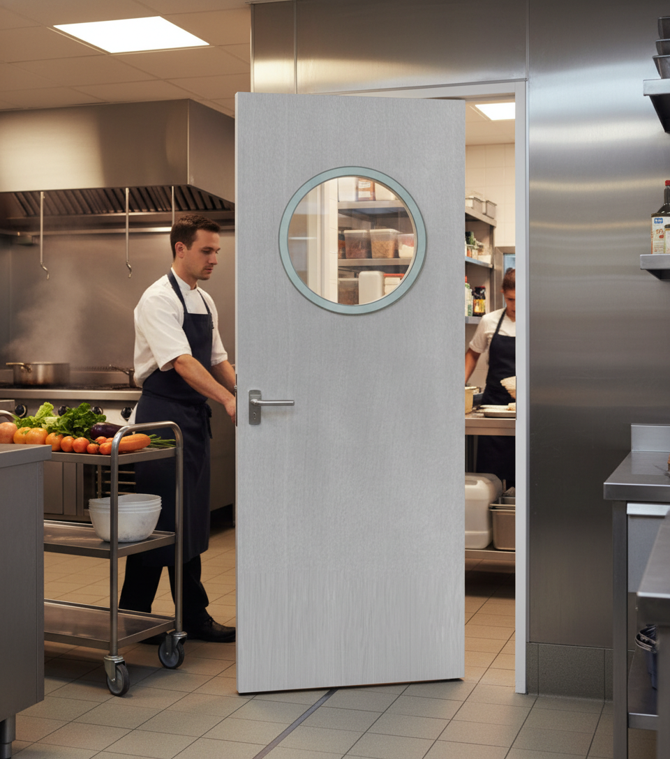 Premium Custom Made White FD30 Porthole Fire Door with Clear Fire Rated Glass - High-Quality Professional Grade for Industrial and Commercial Appli...