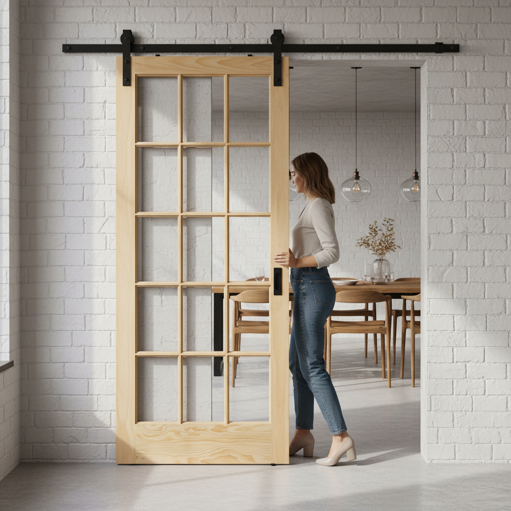 Internal Clear Pine Unfinished Sliding Door Set with 15 Clear Glass Panes for Space-Saving Design