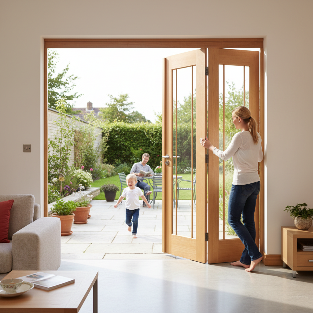 Premium Clear Glazed Bifolding Doorset with Unfinished Oak Detailing - Versatile Room Divider with Multiple Configurations and Sizes