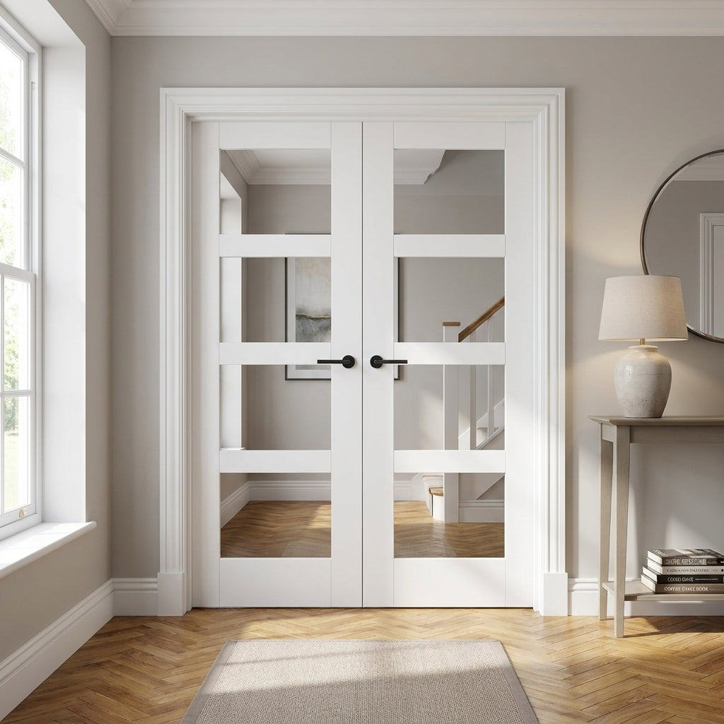Internal French Door with 4 Light Obscure Glass, White Primed, Solid Core