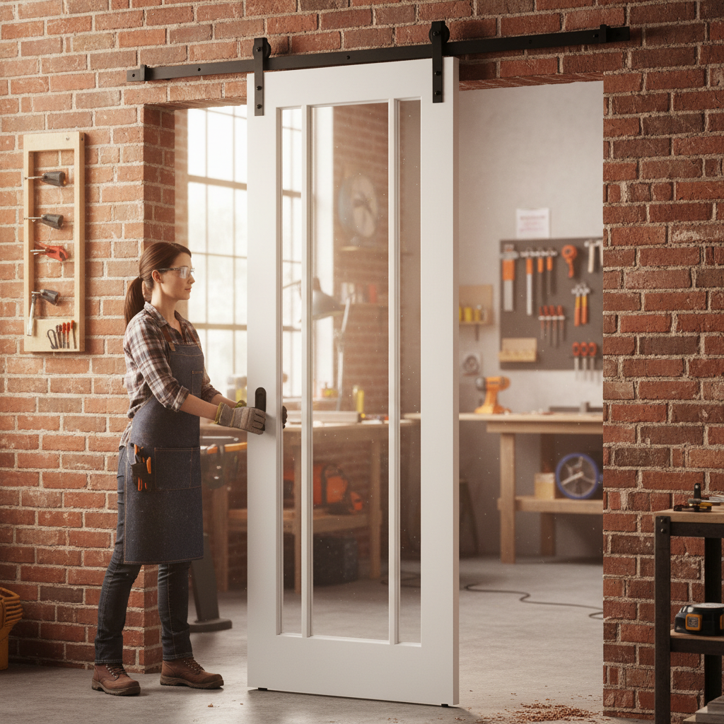 Professional Clear Glazed Face Mounted Sliding Door Set for Wooden Doors up to 100kg with Rustic Steel Finish Options