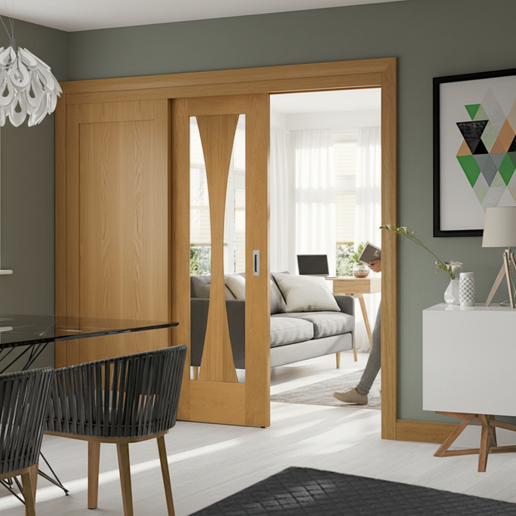 Premium Oak Sliding Door System with Fixed Panel - Space-Saving Design for Open-Plan Living and Customizable Styles