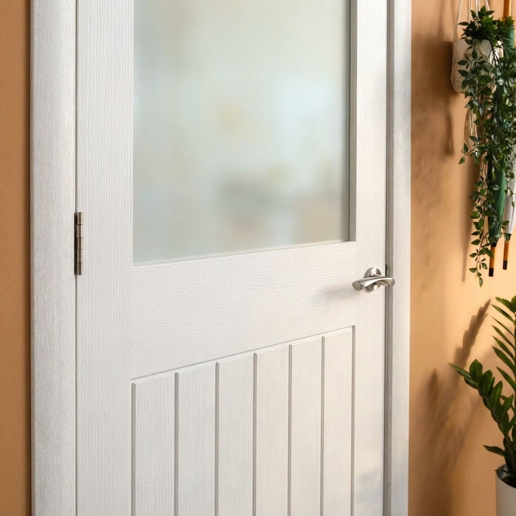 Internal White Cottage Door with 1 Light Obscure Glass, Primed, Made-to-Measure - detail view