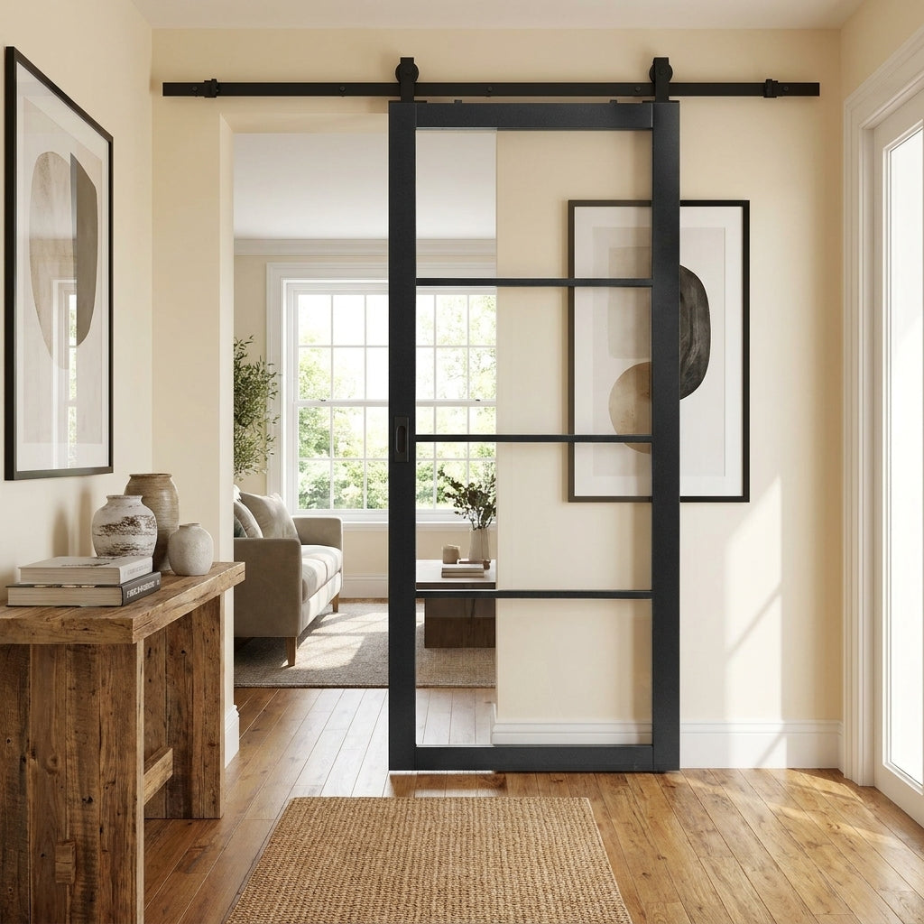 Internal Sliding Door with 4 Light Clear Glass, Primed Finish, Black Top Mount