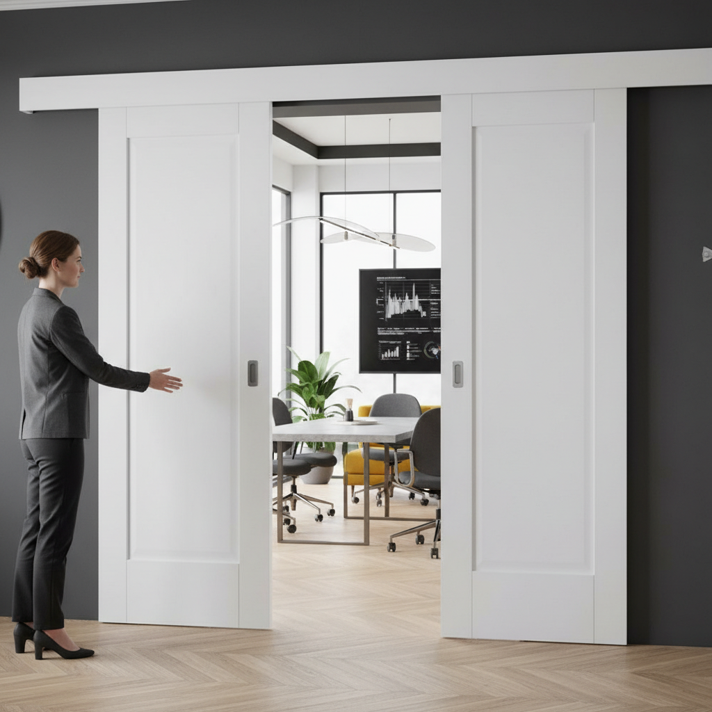 Premium Double Sliding Door System with White Pelmet and Adjustable Track for 35mm to 50mm Thick Doors