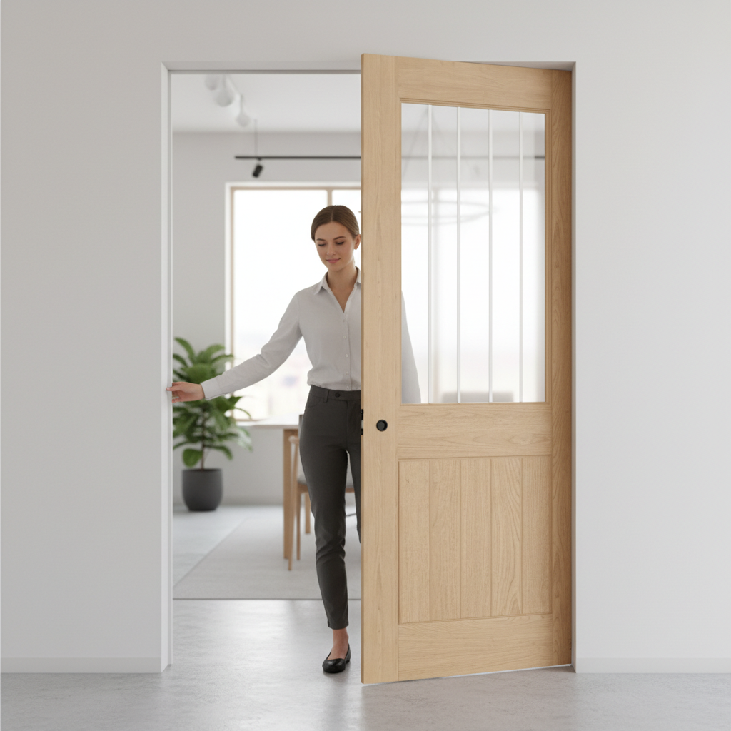 Premium Fully Finished Double Pocket Door Set with Glazed Oak Design for Contemporary Elegance