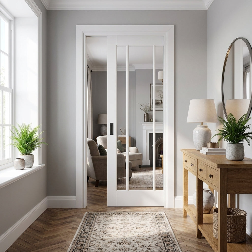 Internal Pocket Door Set White Primed 3 Light Clear Glass 100mm Frame