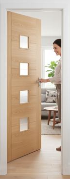 Premium Contemporary Oak Internal Door 6006 Clear Glazed with V Grooves and Brilliant Cut Glass Finish