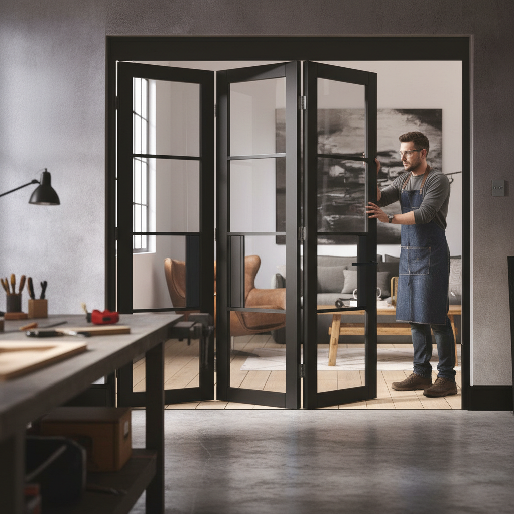 Premium Industrial Style 3 Door Folding Doors with Clear Glass Panels for Home or Apartment