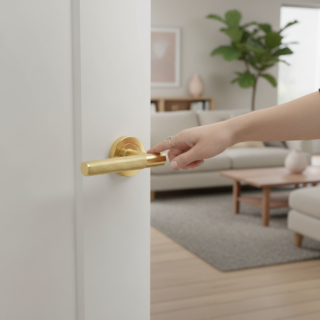 Premium Knurled Round Rose Lever Door Handle Set with Satin Brass Finish for Elegant Interiors - Image 2
