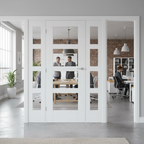 Premium White Room Divider with 4 Clear Glass Panels and Matching Demi Panels for Stylish Home Separation