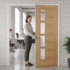 Premium Contemporary Oak Offset Glazed Internal Door with V Grooves and Cross Veneers, Fully Finished in Clear Satin Lacquer