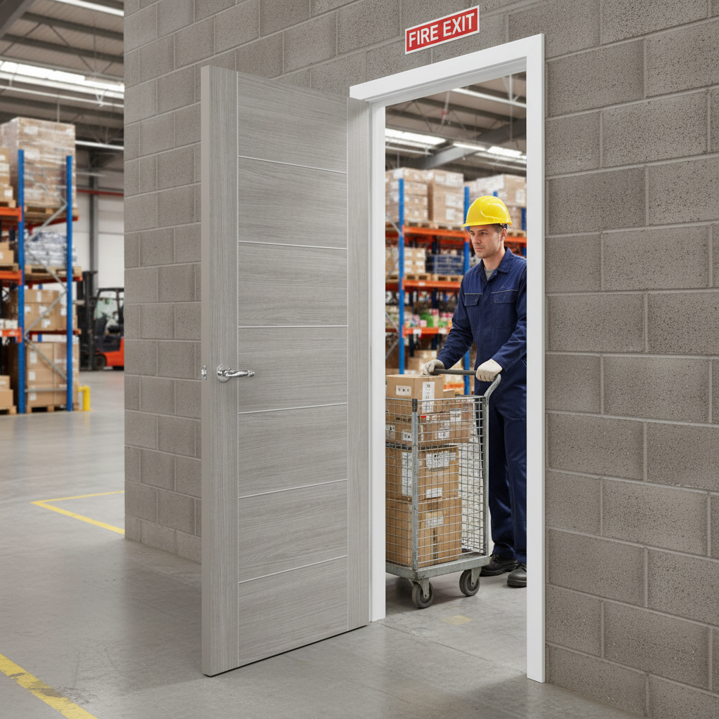 Premium White Grey Laminate Fire Door with Textured Wood Finish and Solid Construction