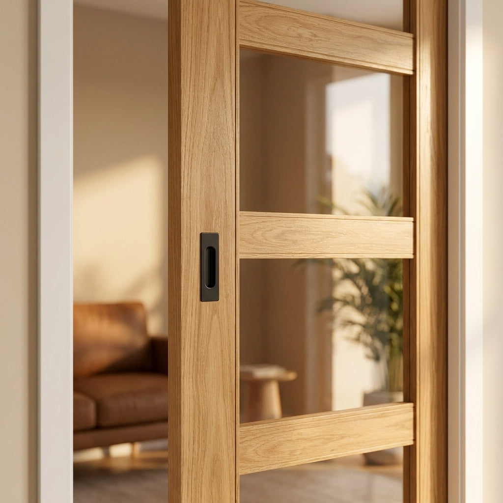 Oak Unfinished Pocket Door Set 100mm with 4 Light Clear Glass Framing - detail view