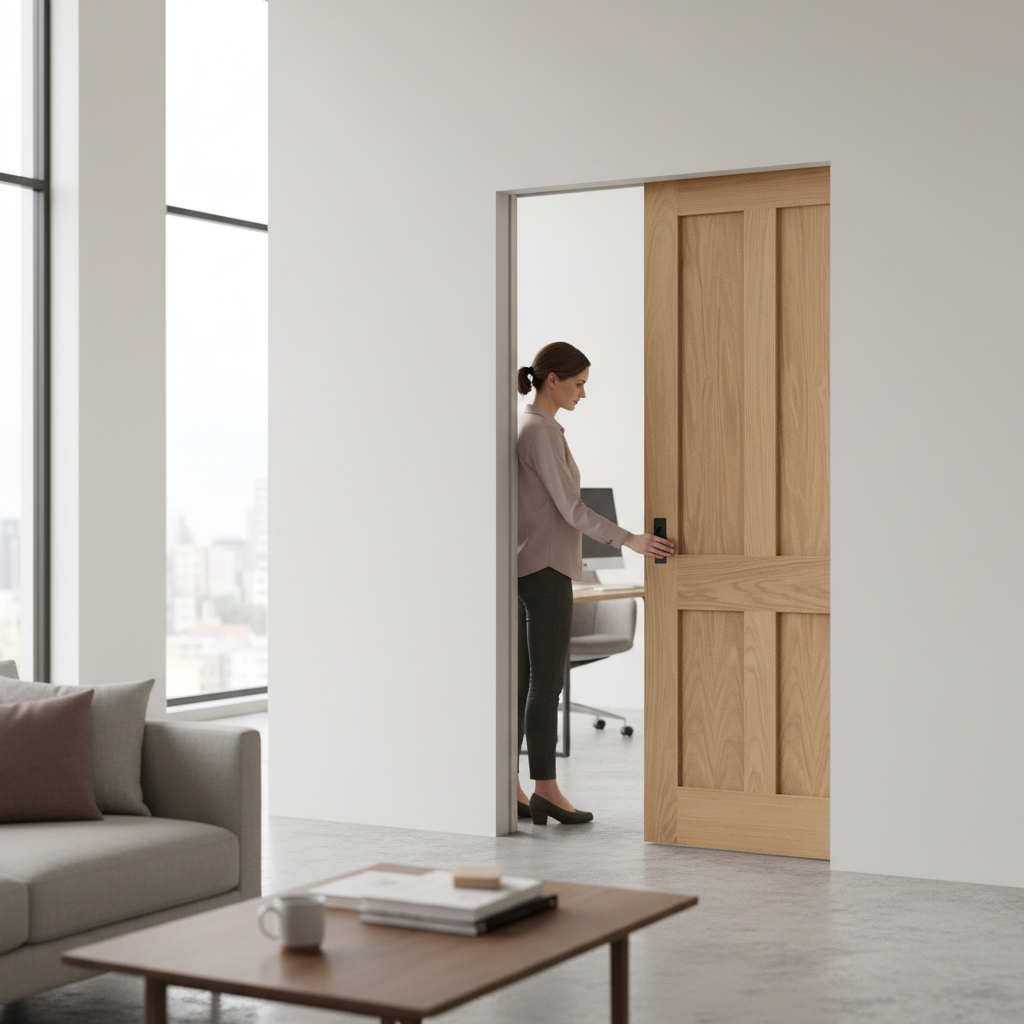 Premium Unfinished Oak Victorian 4 Panel Flat Framed Pocket Door Set for Timeless Interior Design - Image 2