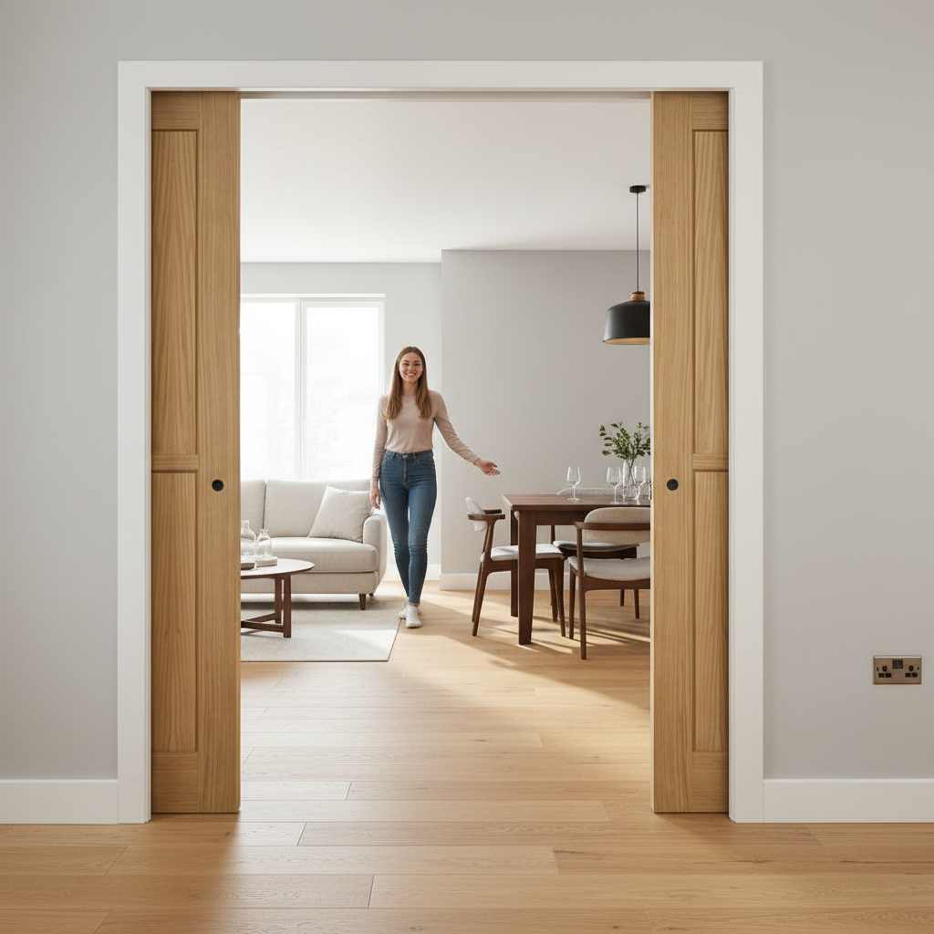 Premium Unfinished Double Pocket Door Set with Six-Panel Design and Galvanized Steel Frame for Space-Saving Solutions