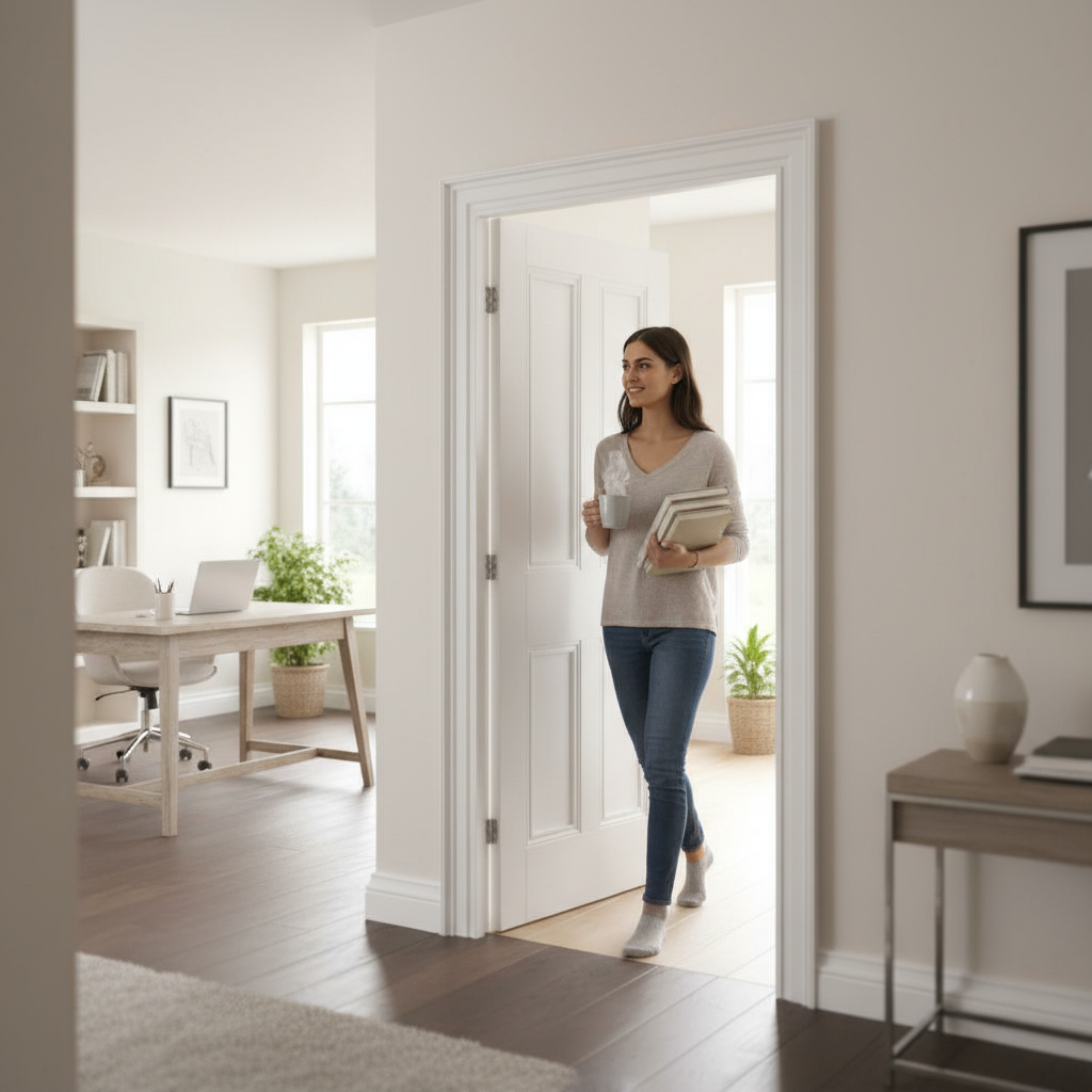 Premium White Internal Door with Four Rectangular Panels, Solid Engineered Core, and Customizable Sizing Options