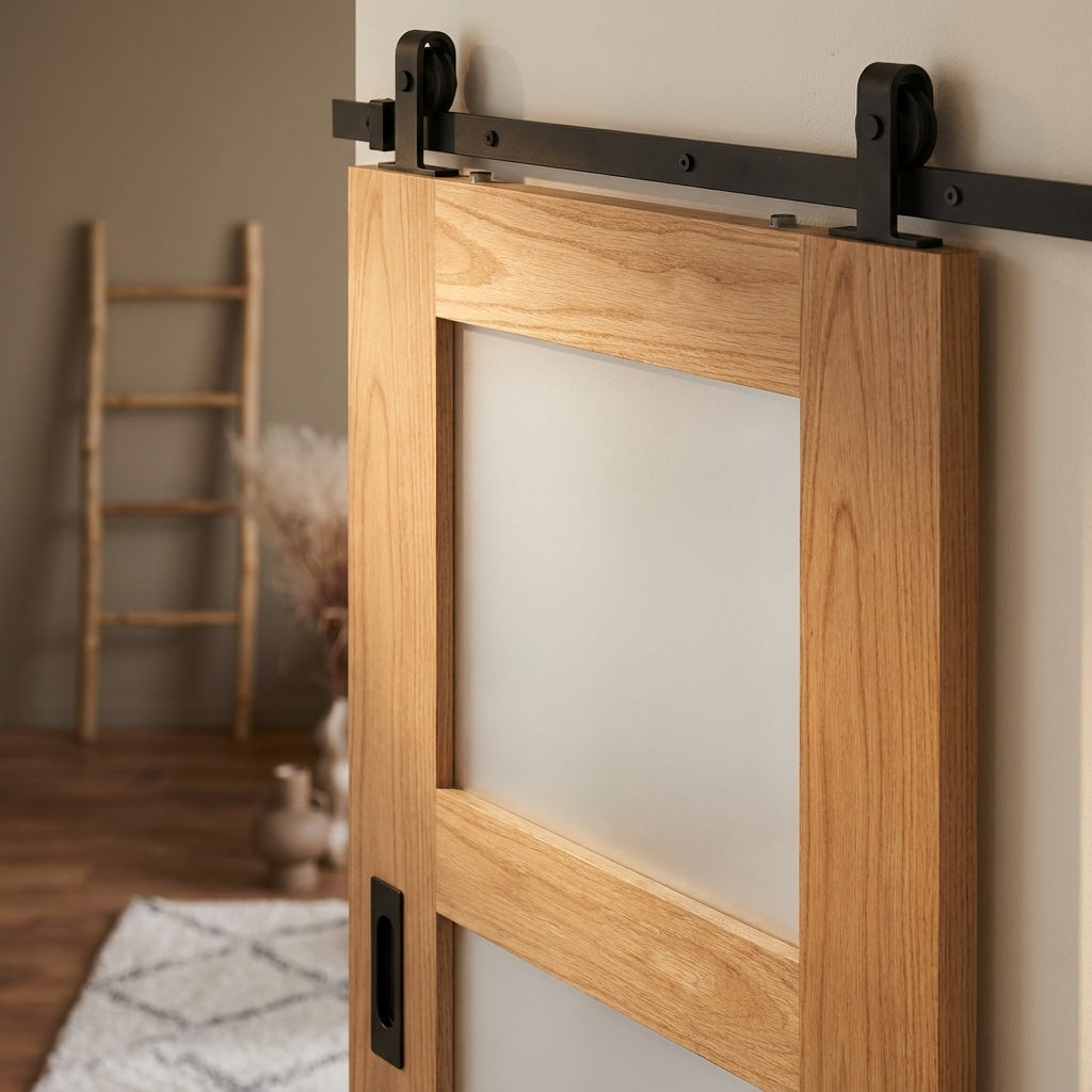 Oak Internal Sliding Door Unfinished with 4 Light Obscure Glass - detail view