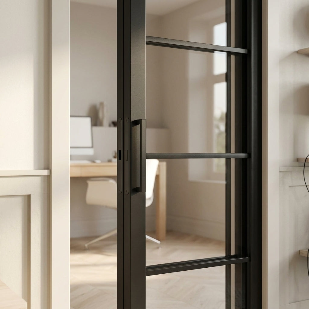 Internal Made-to-Measure Black Door Fully Finished 4 Light Clear Glass Design - detail view