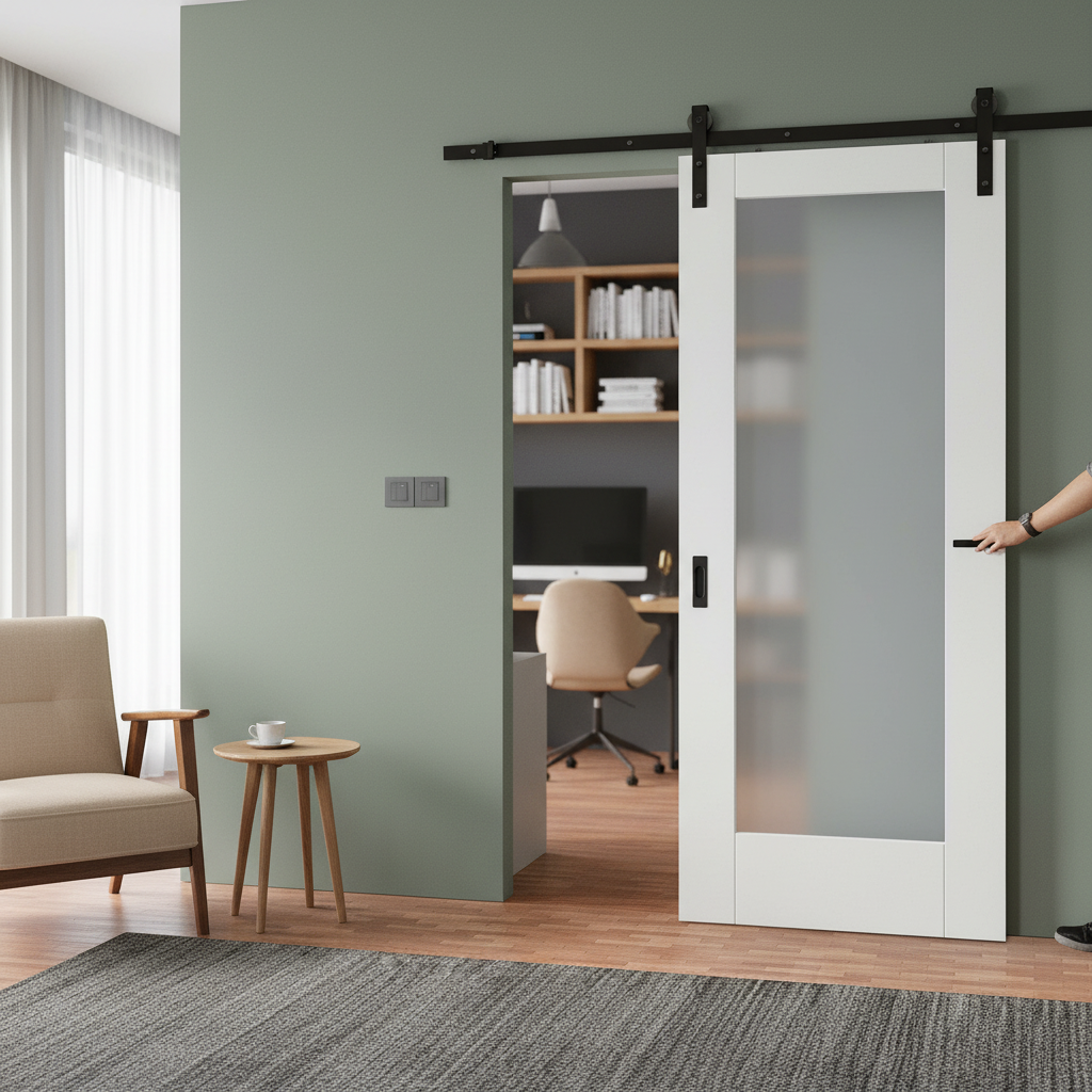 Premium Internal Sliding Door Set with Obscure Glass Panel and Black Steel Track for Modern Spaces - Image 2