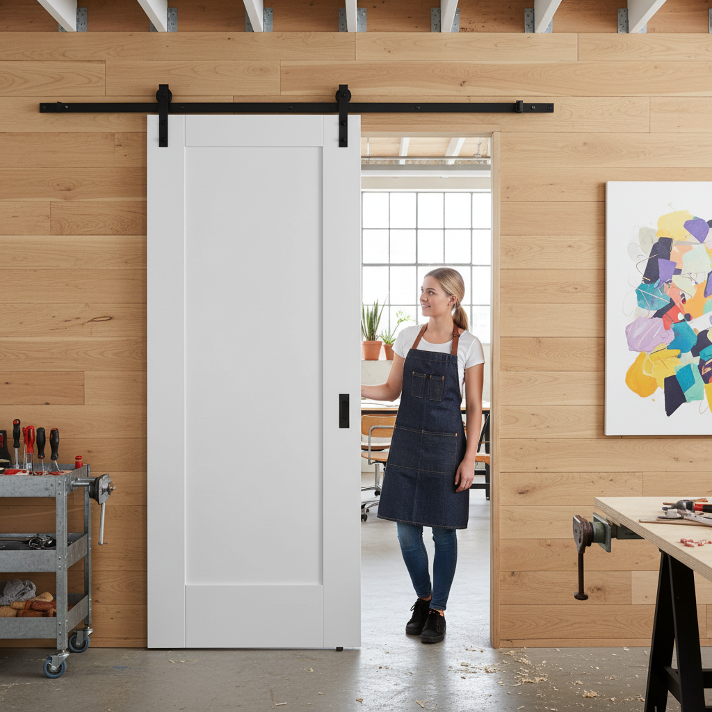 Premium White Internal Primed Pattern 10 1 Panel Sliding Door with Black Top Mounted Track for Modern Elegance