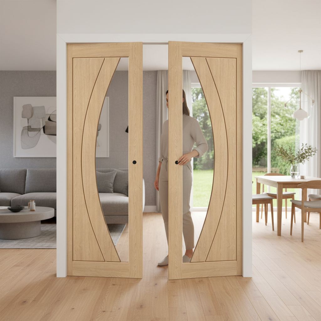 Premium Clear Glazed Double Pocket Door System with Unfinished Oak Construction and Galvanised Steel Frame for Modern Homes