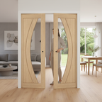 Premium Clear Glazed Double Pocket Door System with Unfinished Oak Construction and Galvanised Steel Frame for Modern Homes