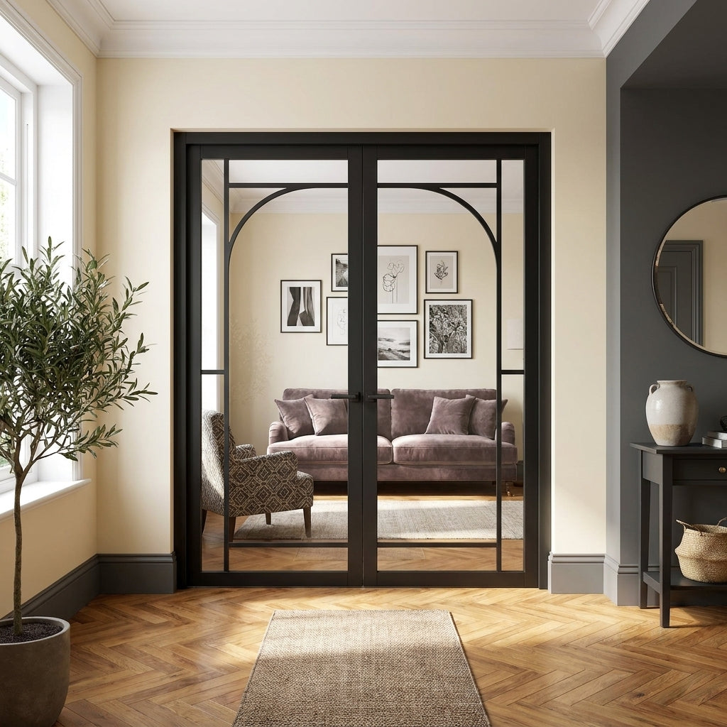 Internal 12 Light Arch French Door, Fully Finished, Jet Black, Softwood Core
